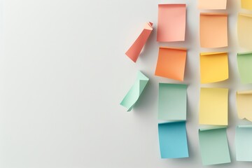 Colorful blank sticky notes on a white surface. Perfect for reminders, organizing tasks, and creative brainstorming sessions.