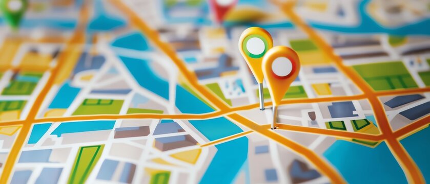 Close-up of a city map with colorful location markers, highlighting urban planning, travel destinations, and navigation routes.