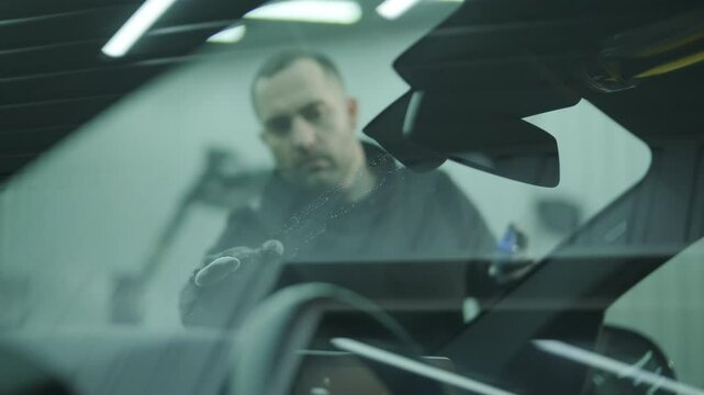 Specialist applying ceramic coating to the hood of a blue car at a detailing sta