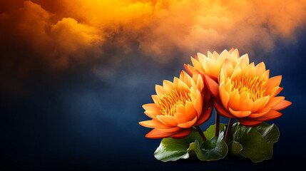 Fototapeta premium Beautiful and vibrant illustration of two orange water lilies against dramatic background. flowers exude tranquility and elegance, perfect for nature lovers