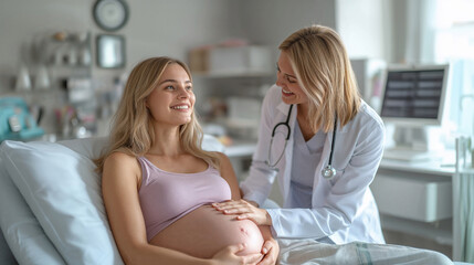 Smiling gynecologist examining belly of happy pregnant woman during medical consultation in clinic