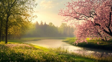 Spring Sunrise Landscape with Blooming Trees and River