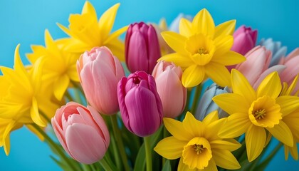 Fototapeta premium Vibrant Spring Bouquet of Pink and Yellow Tulips and Daffodils against a Bright Blue Background