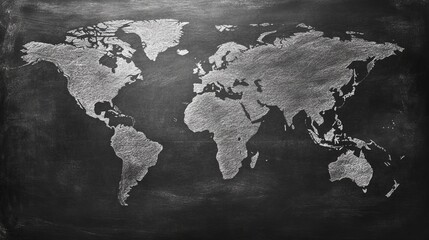 Detailed Blackboard Featuring a World Map Illustration Showcasing Continents and Oceans in White Chalk Against a Dark Background Evoking a Sense of Exploration and Learning Atmosphere