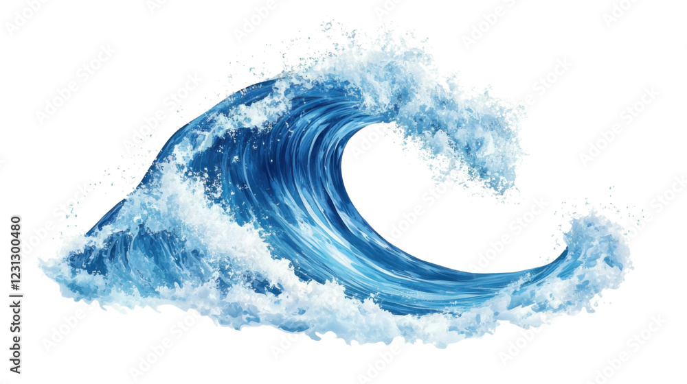 Poster big blue ocean wave splashing with foam on transparent background