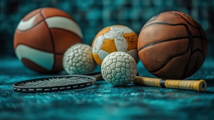 A collection of sports equipment, including a basketball ball and a football in the background, 