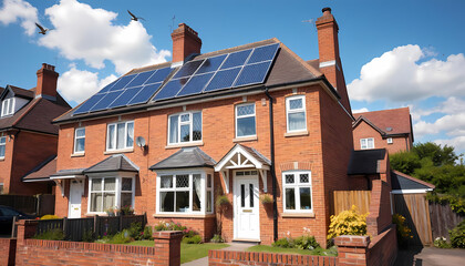 Detached new build home with solar panels on the roof. UK