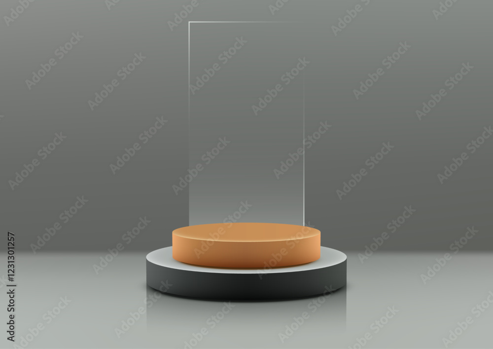 Poster minimalist orange and gray 3d podium with reflective surface for modern product display and showcase