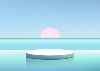 Minimalist White Floating Podium Above Calm Blue Water with Pastel Pink Reflection and Serene Nature Background for Product Display, Mockup, and Showcase