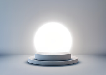 minimalist 3D podium with glowing circular light backdrop elegant white tiered design modern mockup for product showcase and branding concepts