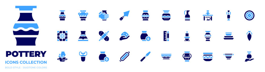 Pottery icon collection. Bold style. Duotone colors. pottery, vase, clay crafting, tiles, roller, clay, humidity, measuring, candlestick, jar, spatula, ceramic