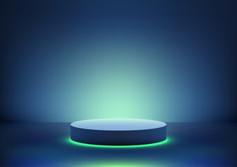 Glowing circular platform with green light on dark blue background, 3D futuristic product display, mockups, and technology showcase with modern minimalist style