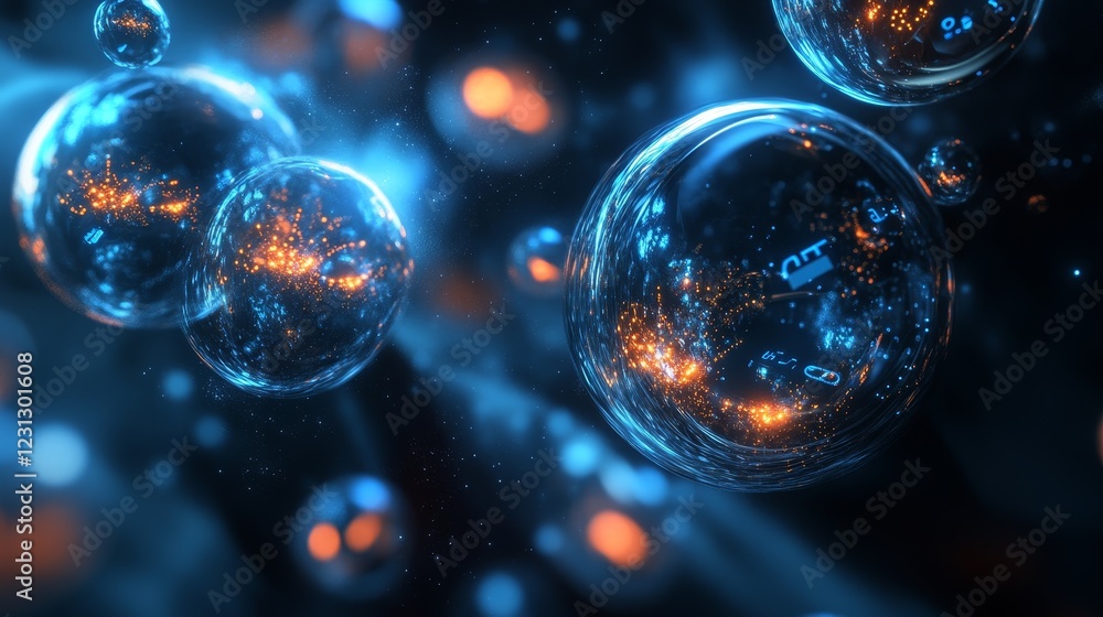 Poster stunning abstract image featuring glowing bubbles and particles in a vibrant blue and orange color s