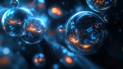 Stunning abstract image featuring glowing bubbles and particles in a vibrant blue and orange color scheme. Perfect for science and technology visuals.