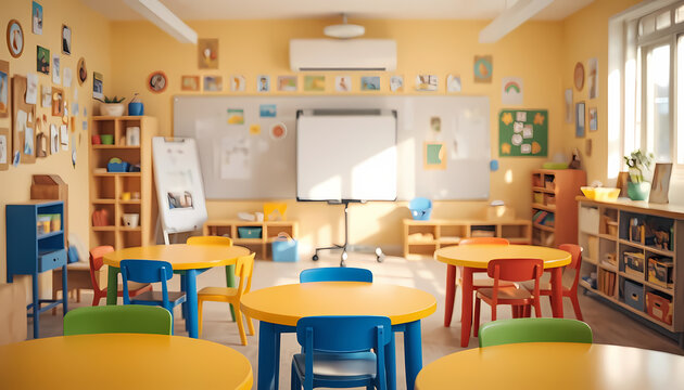 A room in a kindergarten with children and a blurred background