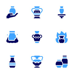 Pottery icon set. Bold style. Duotone colors. ceramic, clay, vase, pottery, ceramics