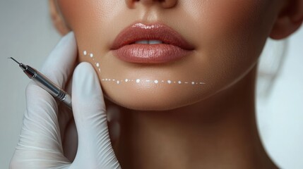 Cosmetic Surgery Procedure Close up of Face with Marking for Jawline Enhancement
