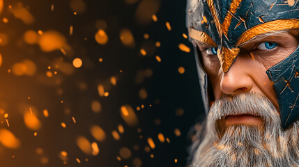 Cinematic portrait of legendary warrior with detailed helmet, fierce expression, and striking blue eyes. background features dynamic sparks, enhancing dramatic atmosphere