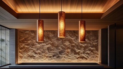 Cozy Interior of a Modern Room Featuring a Majestic Large Stone Wall Accented by Two Elegant Lamps Creating a Warm and Inviting Atmosphere Ideal for Relaxation and Social Gatherings