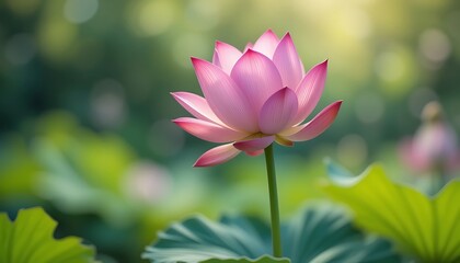 Obraz premium A single, perfectly formed pink lotus flower blooms in a serene pond, bathed in soft sunlight, surrounded by lush green foliage.