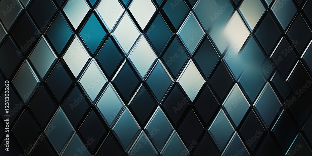 Poster striking blue and white pattern with various sized squares arranged in a way that creates a sense of
