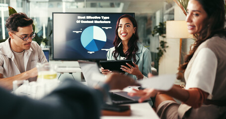 Happy, business people and tablet with screen for meeting, analytics or performance review at office desk. Group, employees or team working with technology, graph or chart for analysis or statistics