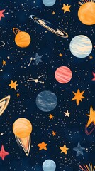 Seamless Cosmic Space and Stars Pattern Background with Vibrant Galaxies and Celestial Orbs