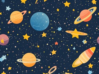 Seamless Cosmic Pattern with Stars Planets and Celestial Elements in a Starry Night Sky Background