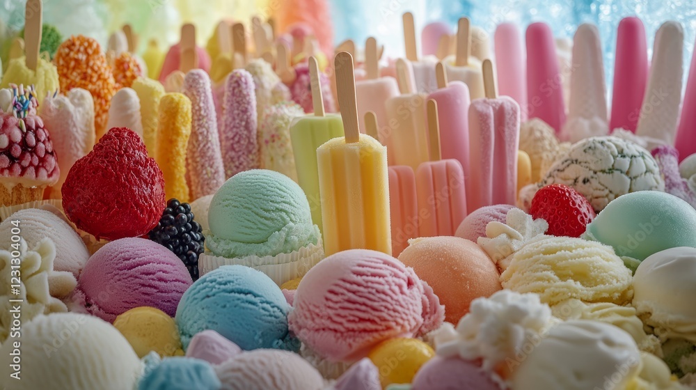 Poster a large assortment of ice cream and popsicles. there are many different flavors and colors. some of 