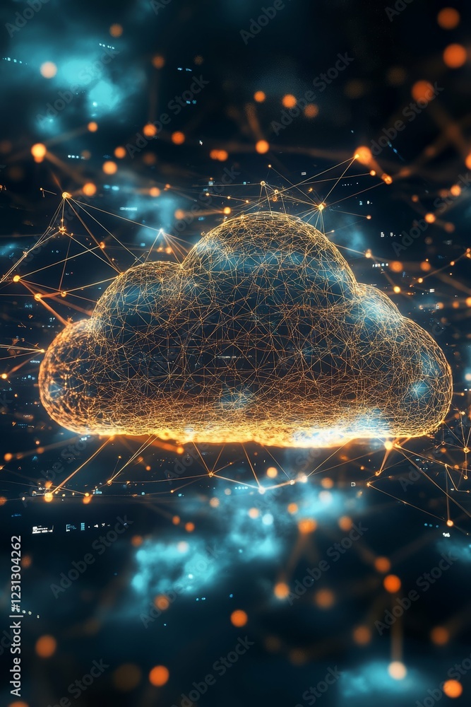 Poster innovative digital cloud network visualization with glowing connections and patterns