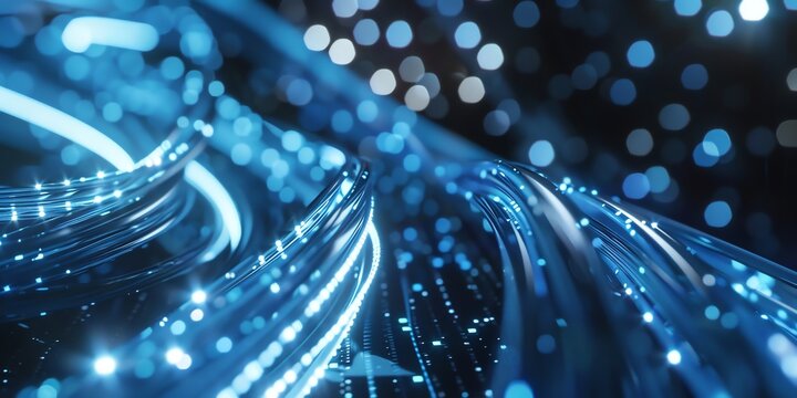 High-speed data transfer with neon blue fiber optic cables in a secure server environment. Modern tech aesthetic with professional lighting, space for text. Stock photo