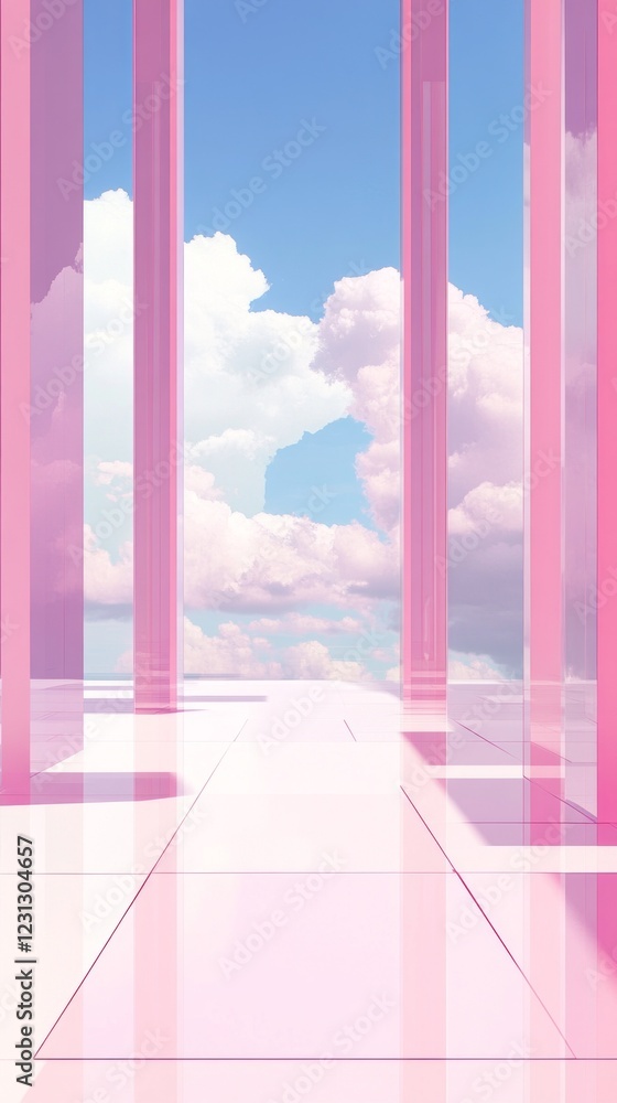 Poster walking through a surreal landscape filled with translucent pink structures, one is greeted by a bre