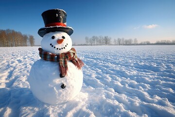 Obraz premium Snowman wearing a top hat and scarf, standing proudly in a snowy meadow under a clear blue sky