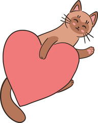 Adorable cartoon cat with pink heart. Hand drawn vector illustration for Valentines Day greeting card. Cat love human. Pet care concept.