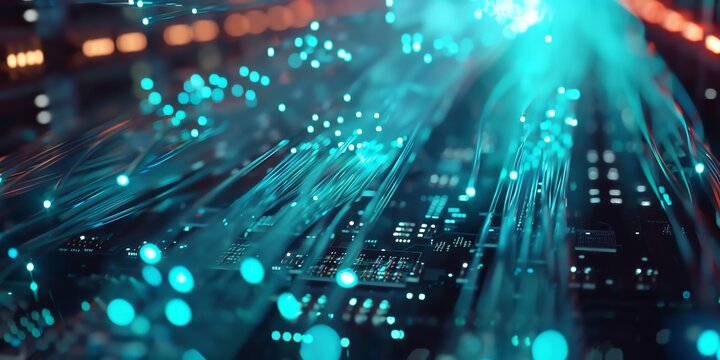 High-speed data transfer with neon blue fiber optic cables in a secure server environment. Modern tech aesthetic with professional lighting, space for text. Stock photo