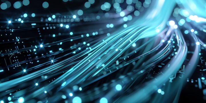 High-speed data transfer with neon blue fiber optic cables in a secure server environment. Modern tech aesthetic with professional lighting, space for text. Stock photo