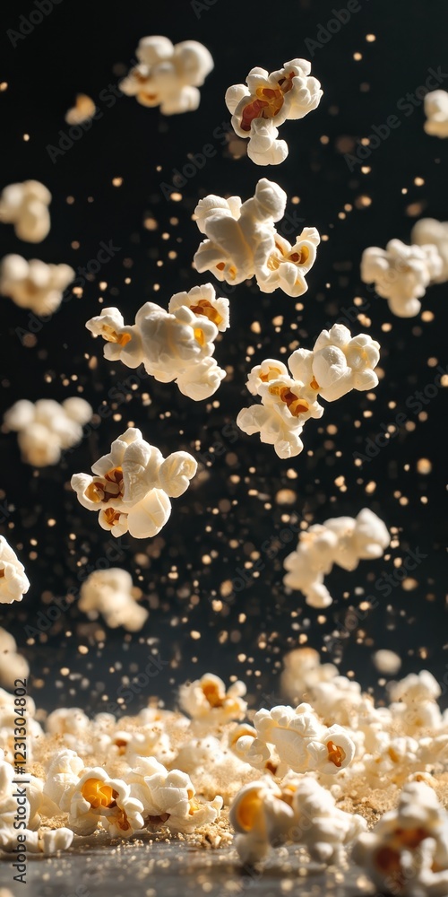 Poster a captivating image of popcorn kernels floating in the air with golden dust particles creating a dyn