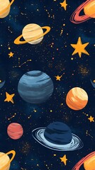 Seamless Space and Stars Pattern Background with Colorful Planets  Nebulae  and Cosmic Elements