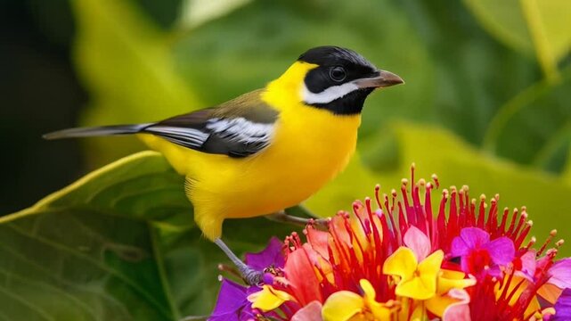 Bananaquit. a bananaquit sips nectar from a vibrant flower. a close-up of a bananaquit perched on a colorful flower. the bird enjoys nectar as a breeze rustles the leaves.
