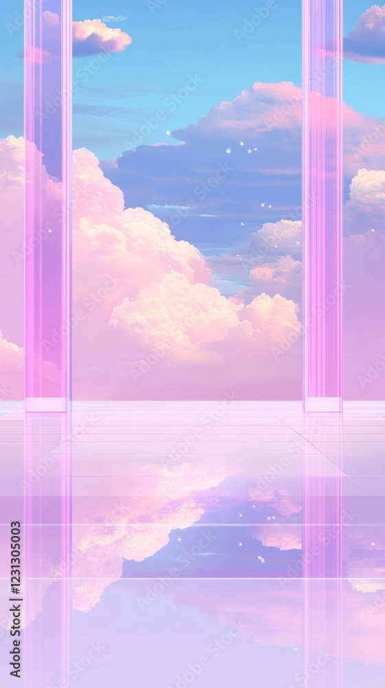 Poster a dreamy landscape emerges under a vibrant pink sky filled with soft clouds, creating an enchanting 