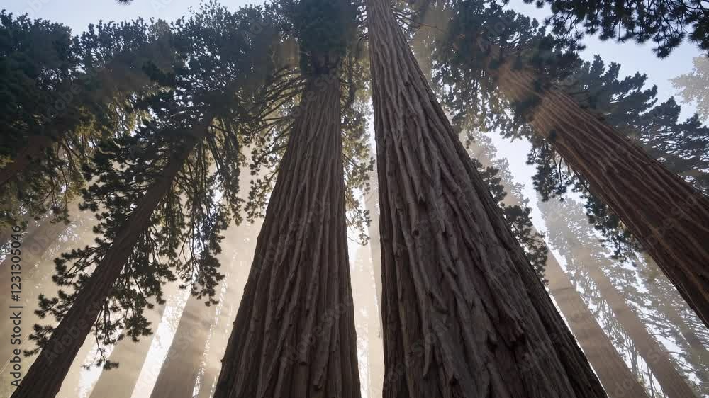 Poster A misty morning view looking up through an ancient grove of towering sequoias, capturing their immense scale against diffused sunlight.

