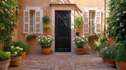 3.An elegant European townhouse facade showcasing a matte black door surrounded by gleaming white shutters and rectangular windows. Carefully placed ceramic pots brim with flowering plants and ivy,