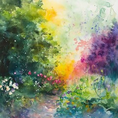 Fototapeta premium Watercolor Garden Path - Vibrant Colors of Nature