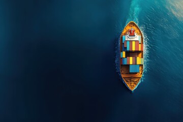 Obraz premium Cargo Ship Sailing Over Blue Ocean Water with Colorful Containers View from Above