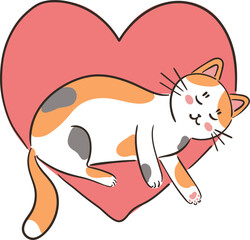 Adorable cartoon cat with pink heart. Hand drawn vector illustration for Valentines Day greeting card. Cat love human. Pet care concept.