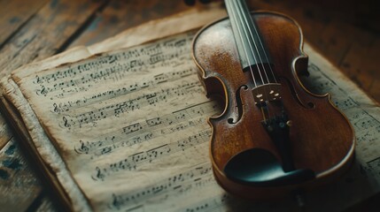 Fototapeta premium Violin on Antique Sheet Music: A Symphony of Time and Melody