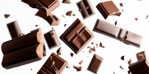 Milk chocolate pieces falling on white background