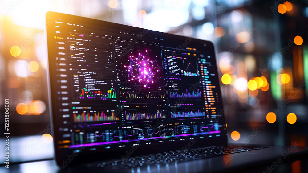 Poster dynamic data visualizations on laptop screen at night