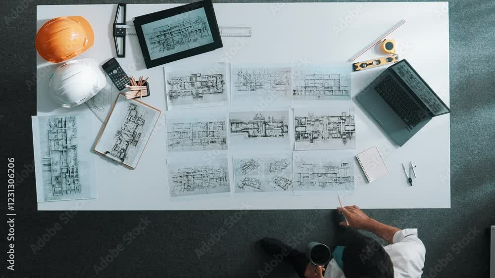 Poster top down aerial view of architect engineer placing building blueprint on table while checking and ch