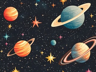 Seamless Galaxy Themed Space and Stars Pattern Background with Colorful Planets Nebulae and Cosmic Elements